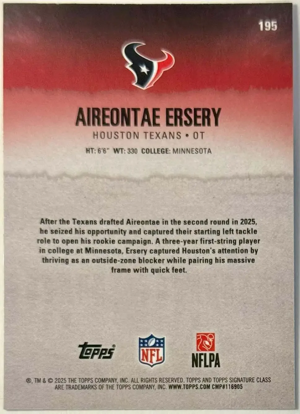 Aireontae Ersery 2025 Topps Signature Class Rookie Card #124/150 Houston Texans